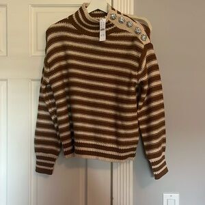 J Crew Cable Knit Mockneck Pullover Sweater S Striped Jewel Buttons Camel Cream